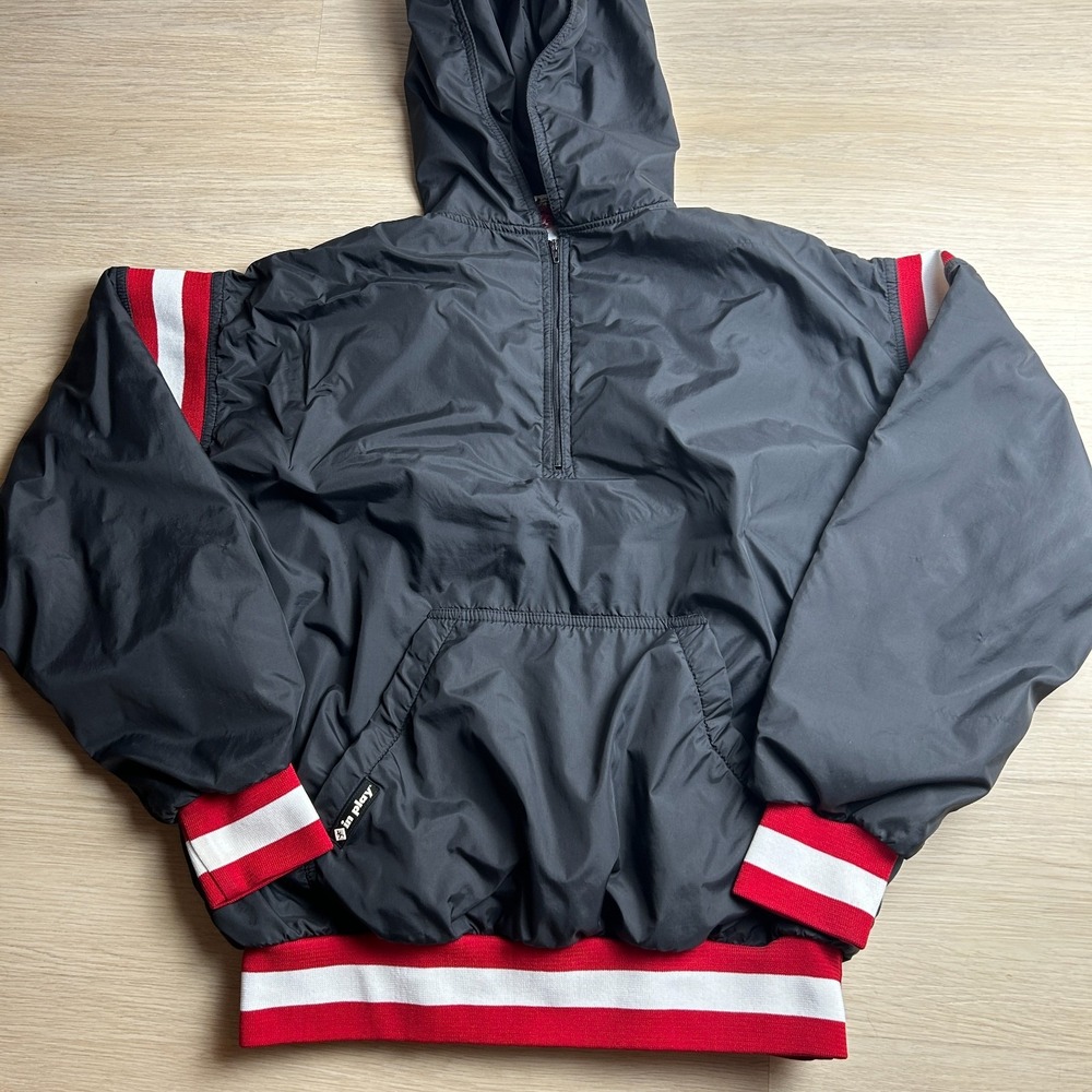 Vintage In Play Mens Large 1/2 Zip Hooded Windbreaker Jacket Black Red White